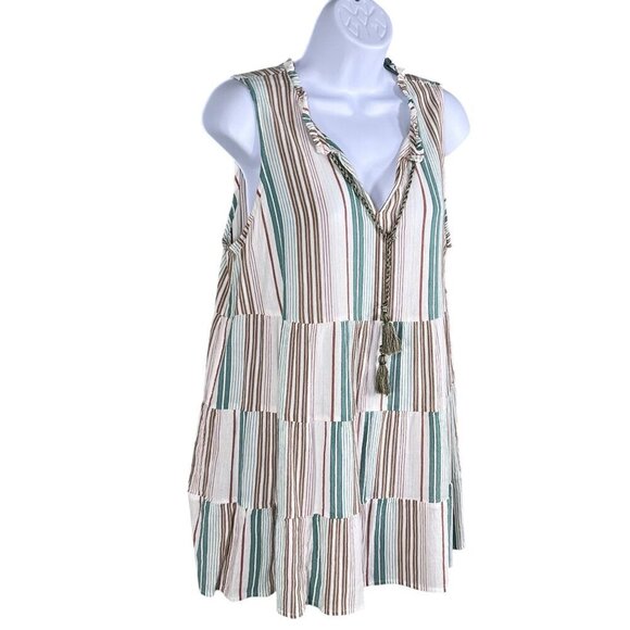 J Jill Womens M Tiered Tunic Top Tassels Sleeveless Striped Ruffled Boho Blouse - Picture 4 of 13
